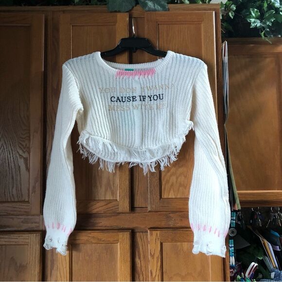 NWT Y2K School Girl Knit Embroidered Slogan Thrashed Crop Sweater - M - Picture 1 of 11